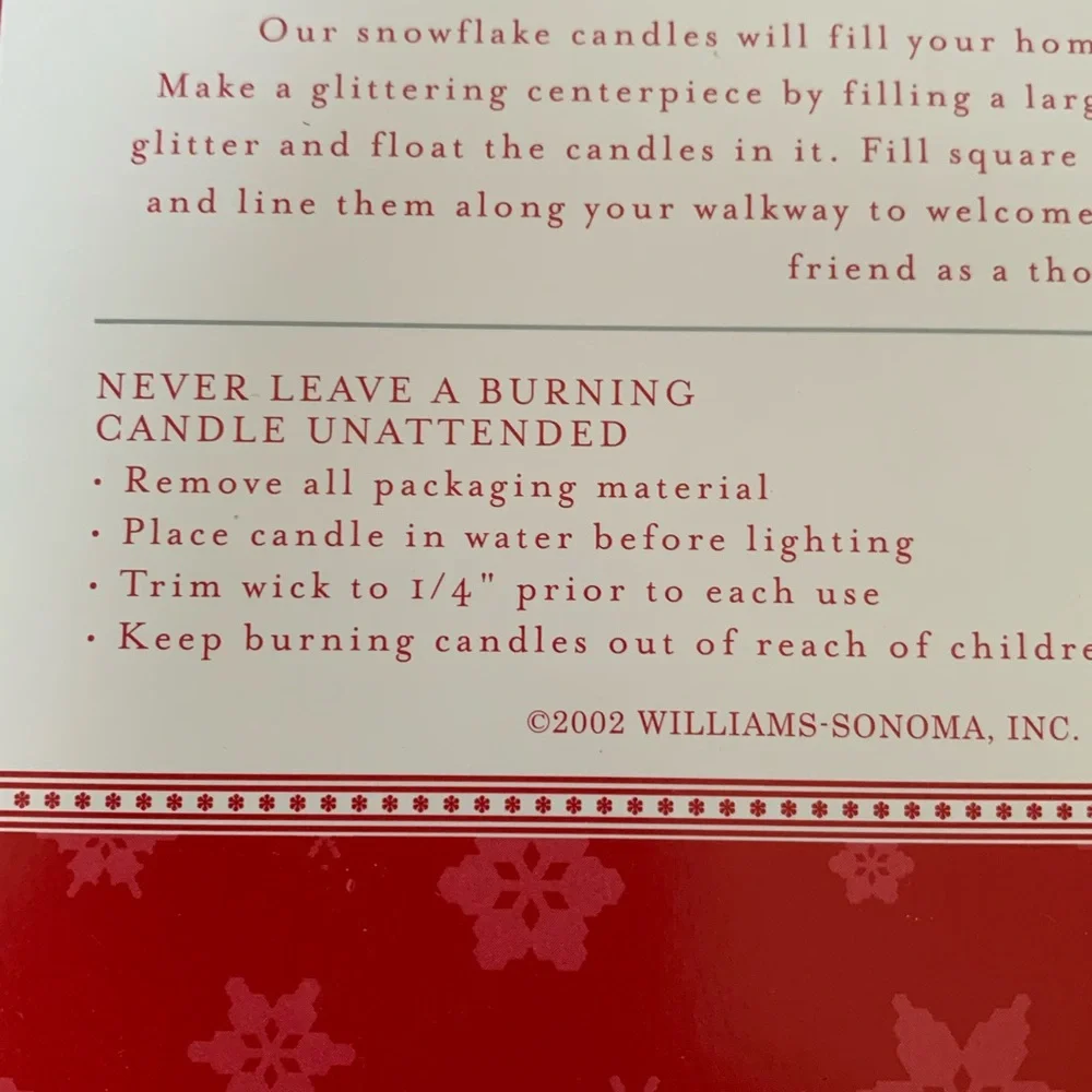 Vintage NWT Williams Sonoma Floating Candle Set of 3 Snowflakes White Silver
